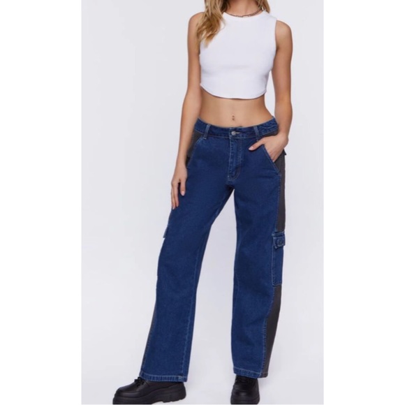 F21 ~Contrast-Panel High-Rise Dad Jeans (NWT) - Picture 1 of 9